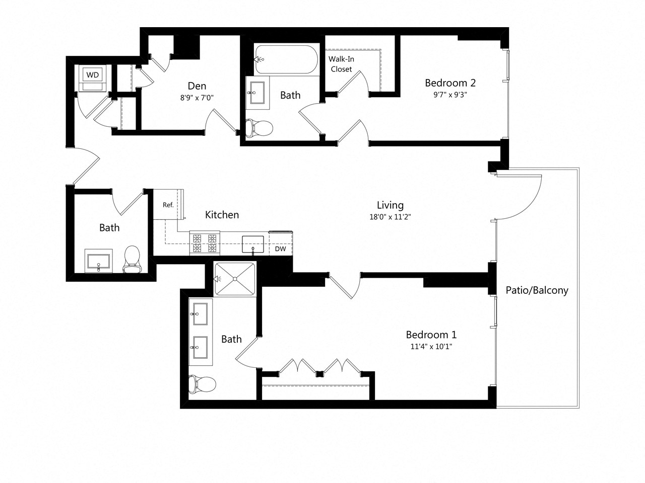 Floor plan for 2 beds, 2.5 baths, 1219 sqft